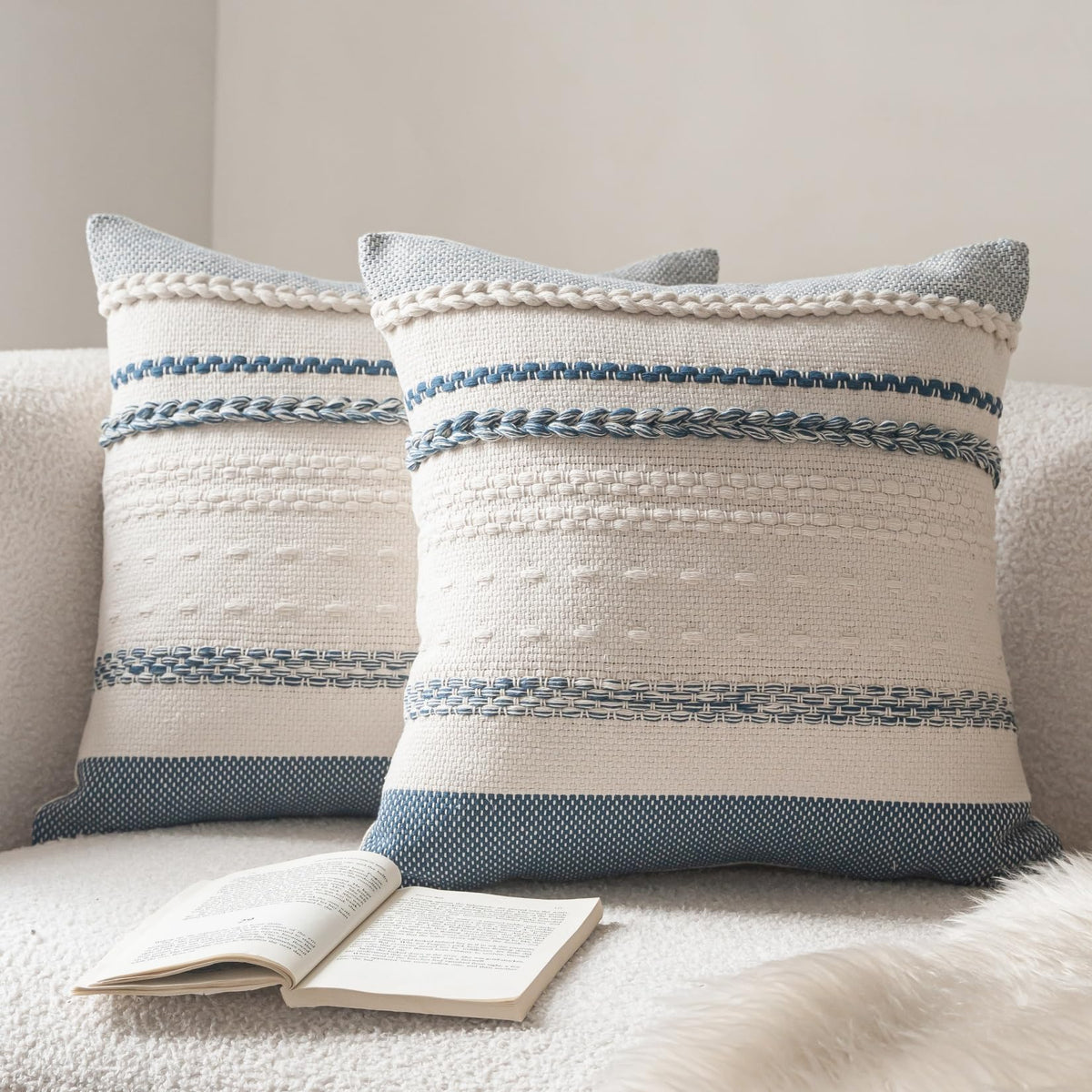 Cethom boho throw pillow cover in blue textured fabric adds cozy texture to sofas.