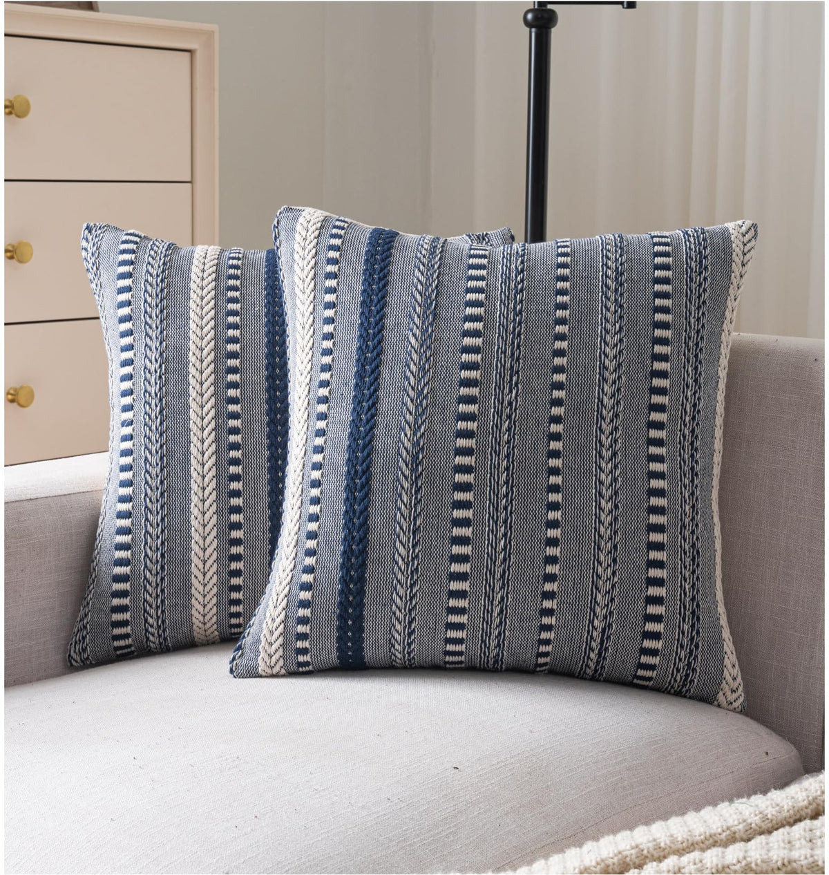 Cethom Boho Pillow Cover with navy stripe enhances sofa styling.