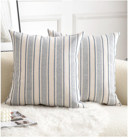 Cethom decorative boho pillow cover in blue-beige stripes adds cozy texture to living room