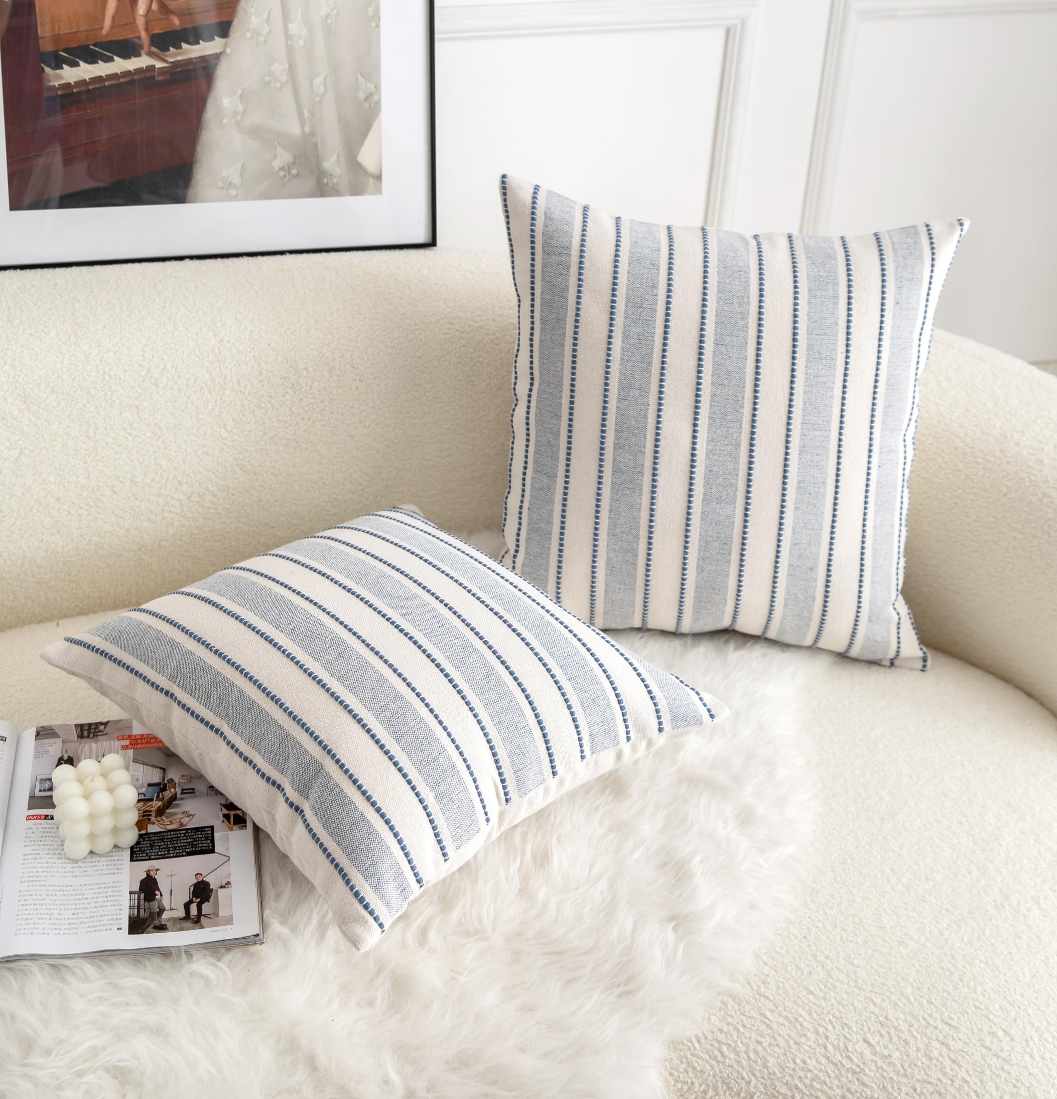 Cethom blue-beige striped pillow cover enhances sofa styling with subtle color