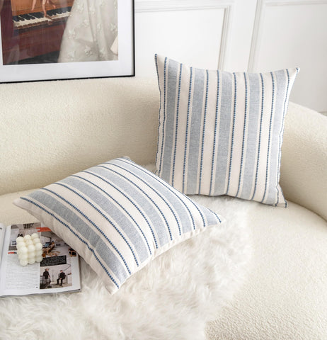 Cethom blue-beige striped pillow cover enhances sofa styling with subtle color