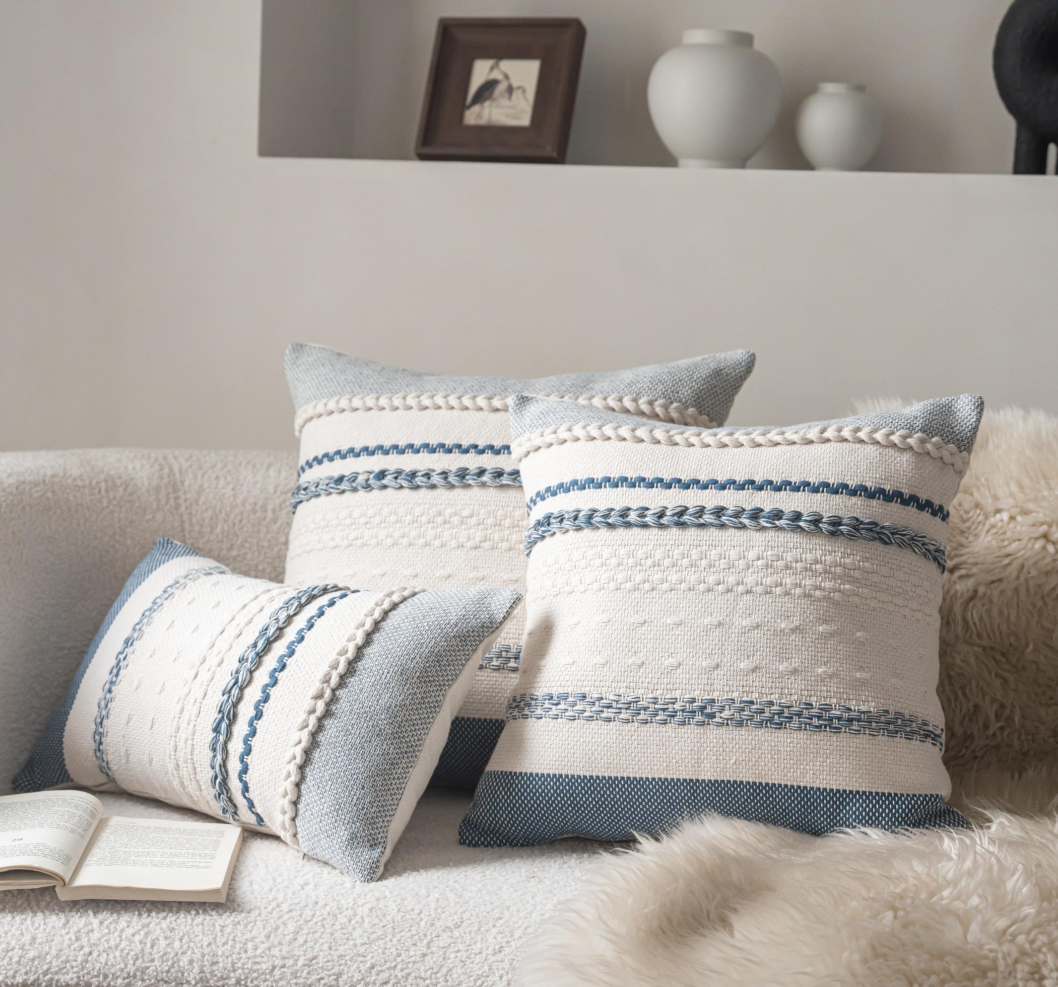Cethom pillow cover with stripe weave detail enhances rustic charm and visual interest.