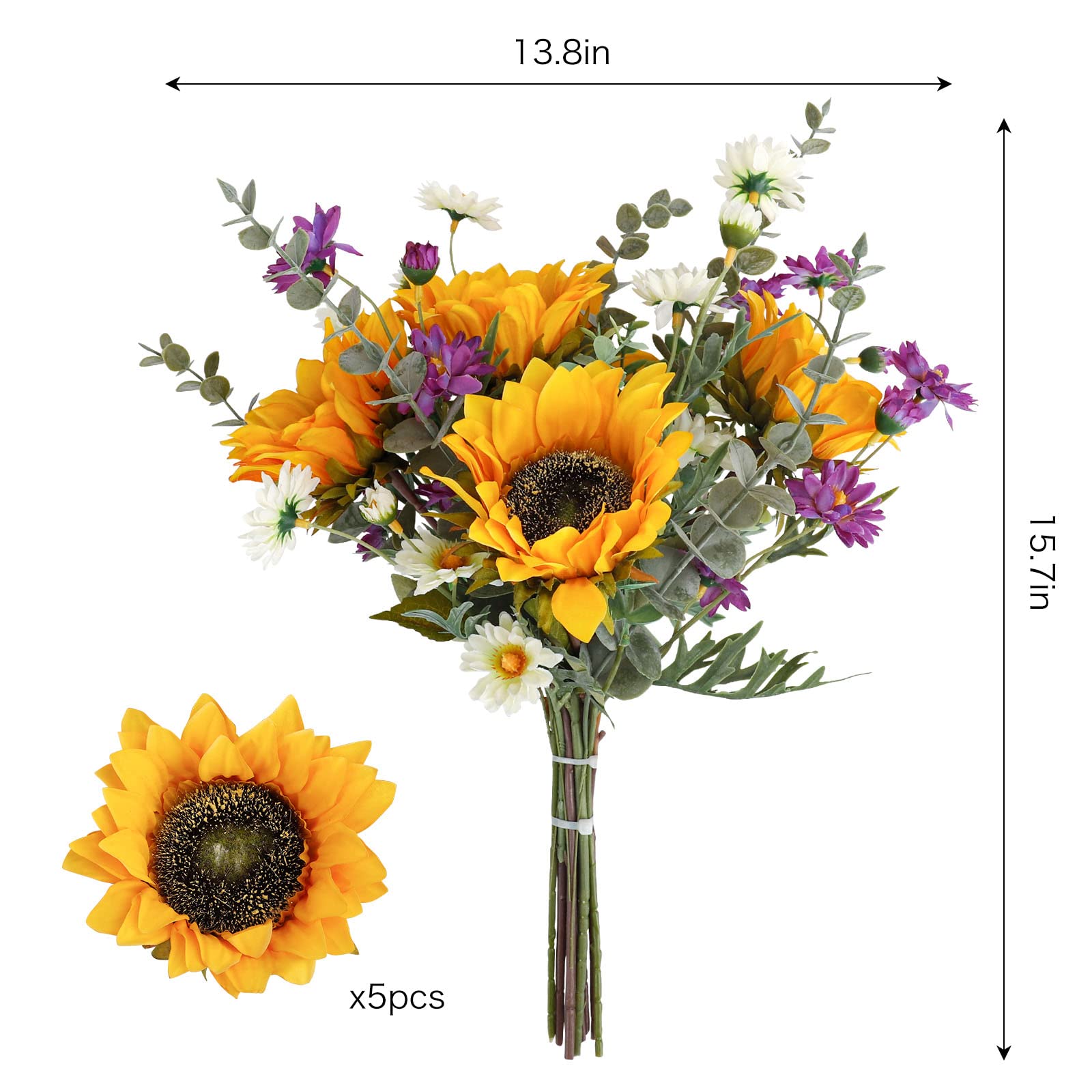CEWOR artificial sunflowers bouquet with white and violet daisies for elegant wedding accents