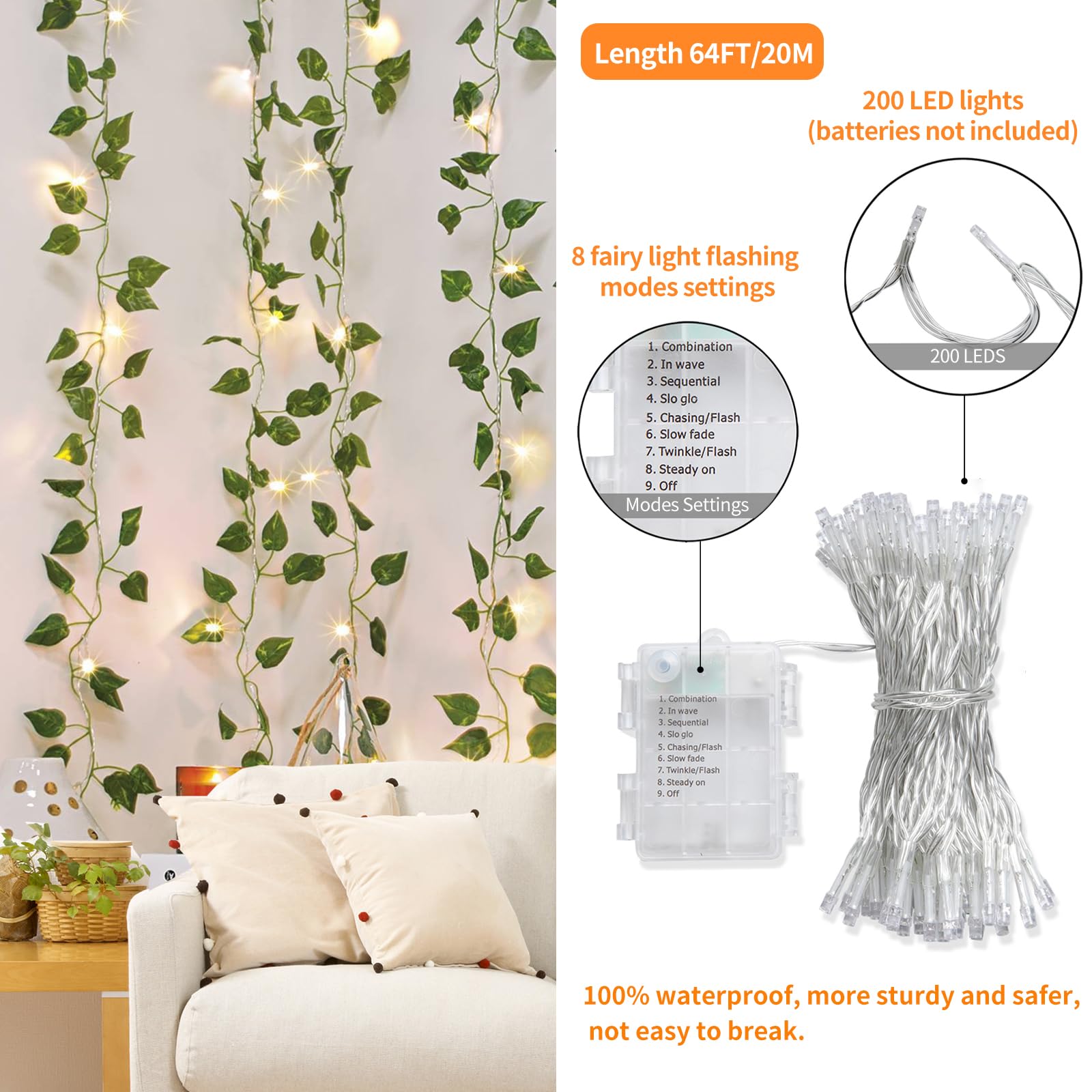 CEWOR LED string lights illuminate the ivy garland