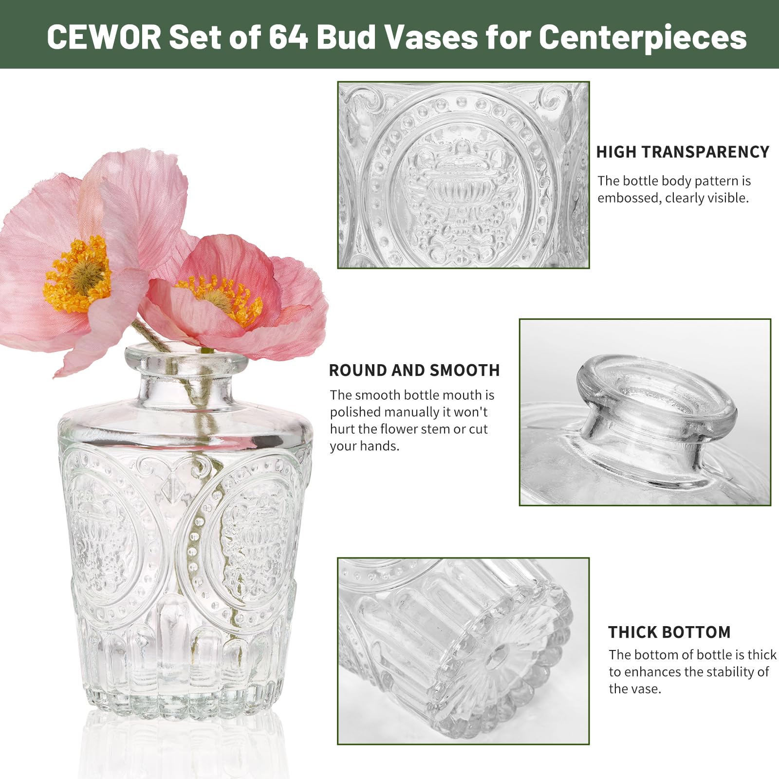 CEWOR thick clear glass vases with a stable base for easy arrangements.