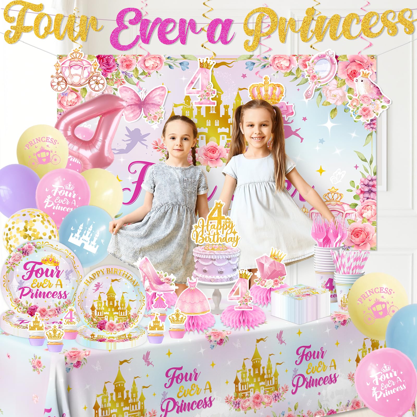 Cextoga Four Ever a Princess cake toppers add sparkle to cupcakes and birthday cake.