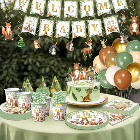 Cextoga woodland cake topper highlights themed desserts for a baby shower.