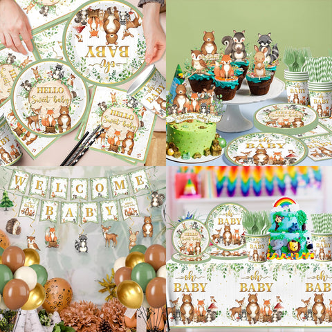 Cextoga woodland plates and napkins set provides kid-friendly, sturdy tableware for 24 guests.