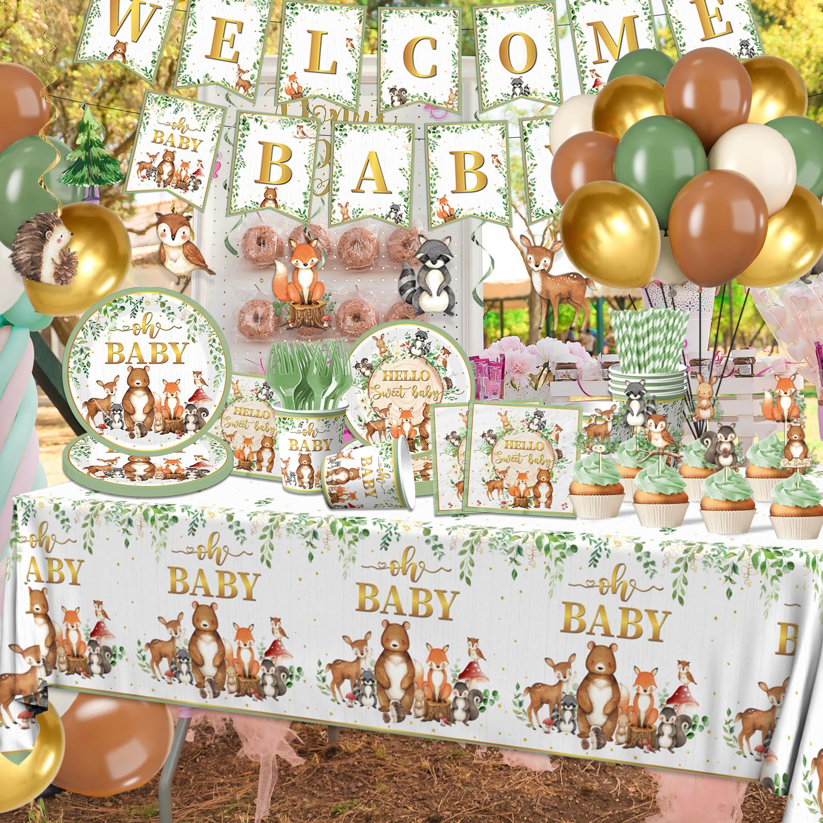 Cextoga woodland tablecloth creates a protective, easy-clean surface for a sage forest party.