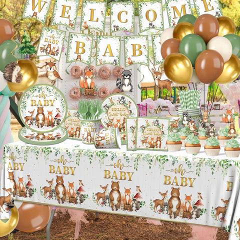 Cextoga woodland tablecloth creates a protective, easy-clean surface for a sage forest party.