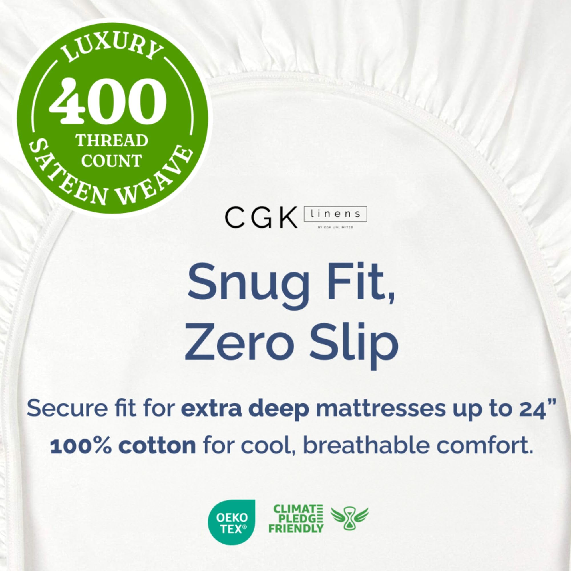 CGK Unlimited 400-thread-count cotton fitted sheet highlighting premium weave.