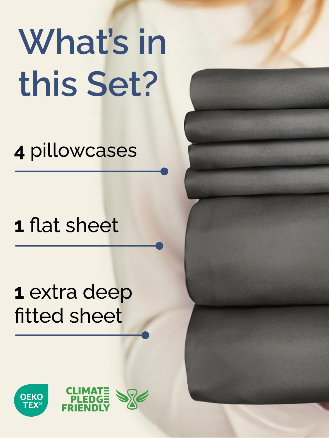 CGK Unlimited six piece queen sheet set showing four pillowcases and deep pockets.