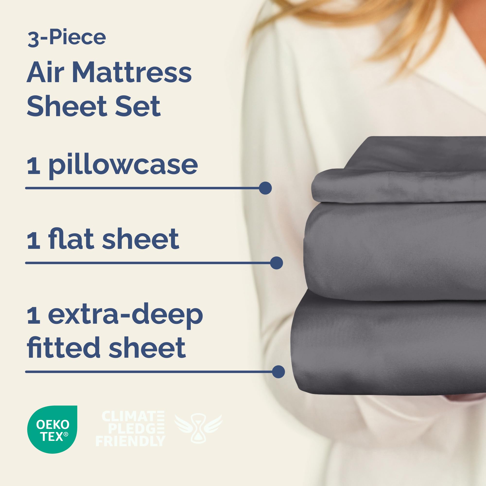 CGK Unlimited air mattress sheet set fitted sheet secures twin inflatables up to 24 inches.