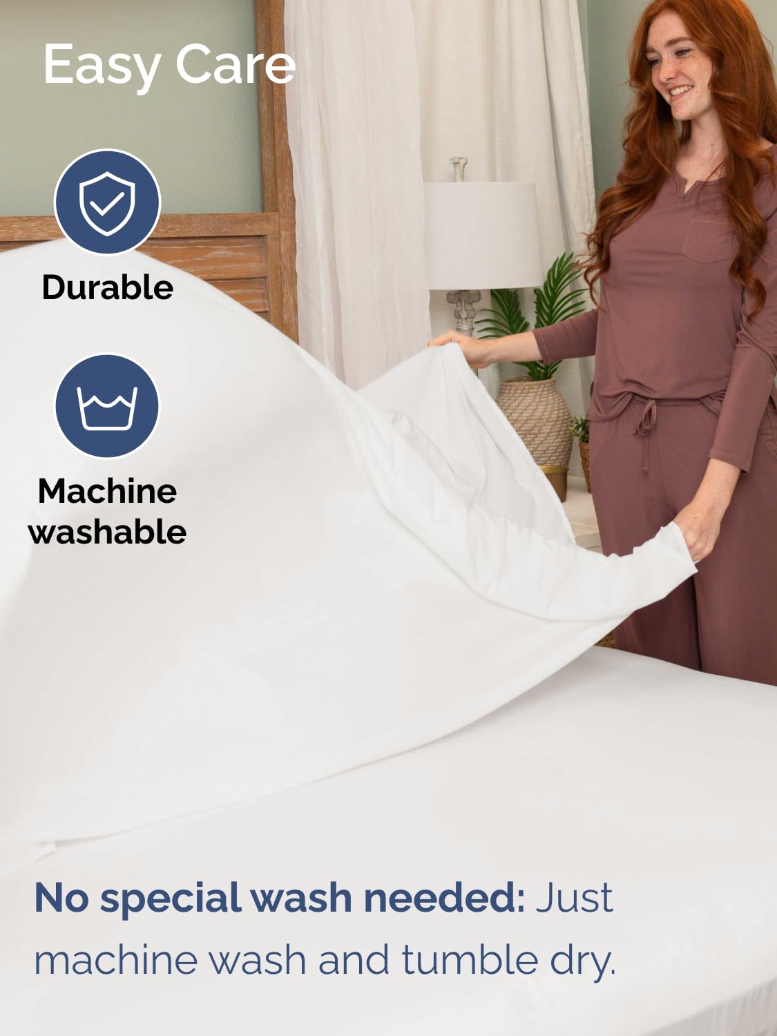 CGK Unlimited antique white bedding adds hotel-luxury styling to a bedroom.