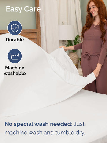 CGK Unlimited antique white bedding adds hotel-luxury styling to a bedroom.