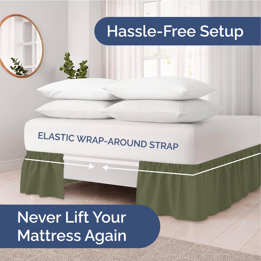 CGK Unlimited sage green bed skirt highlights the queen drop and tidy drape.