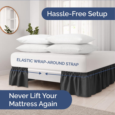 CGK Unlimited black side-view bed skirt elevates bedroom décor.