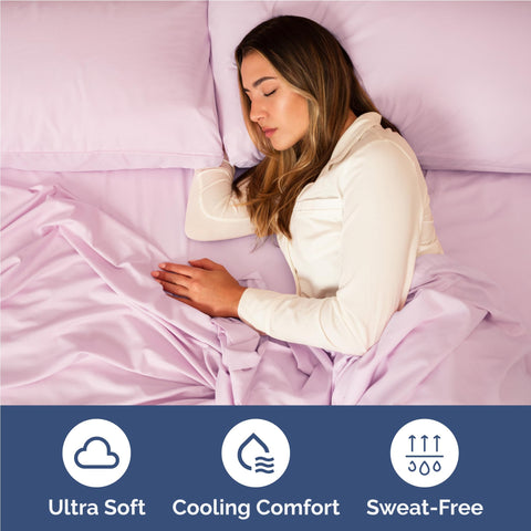 Light pink set on bed suggests hotel-luxury look and wrinkle-free drape.