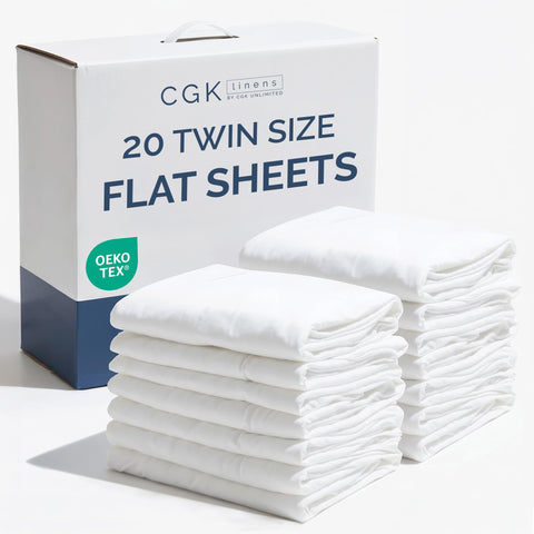 CGK Unlimited bulk twin flat sheets 66x96 for hotel restocking.