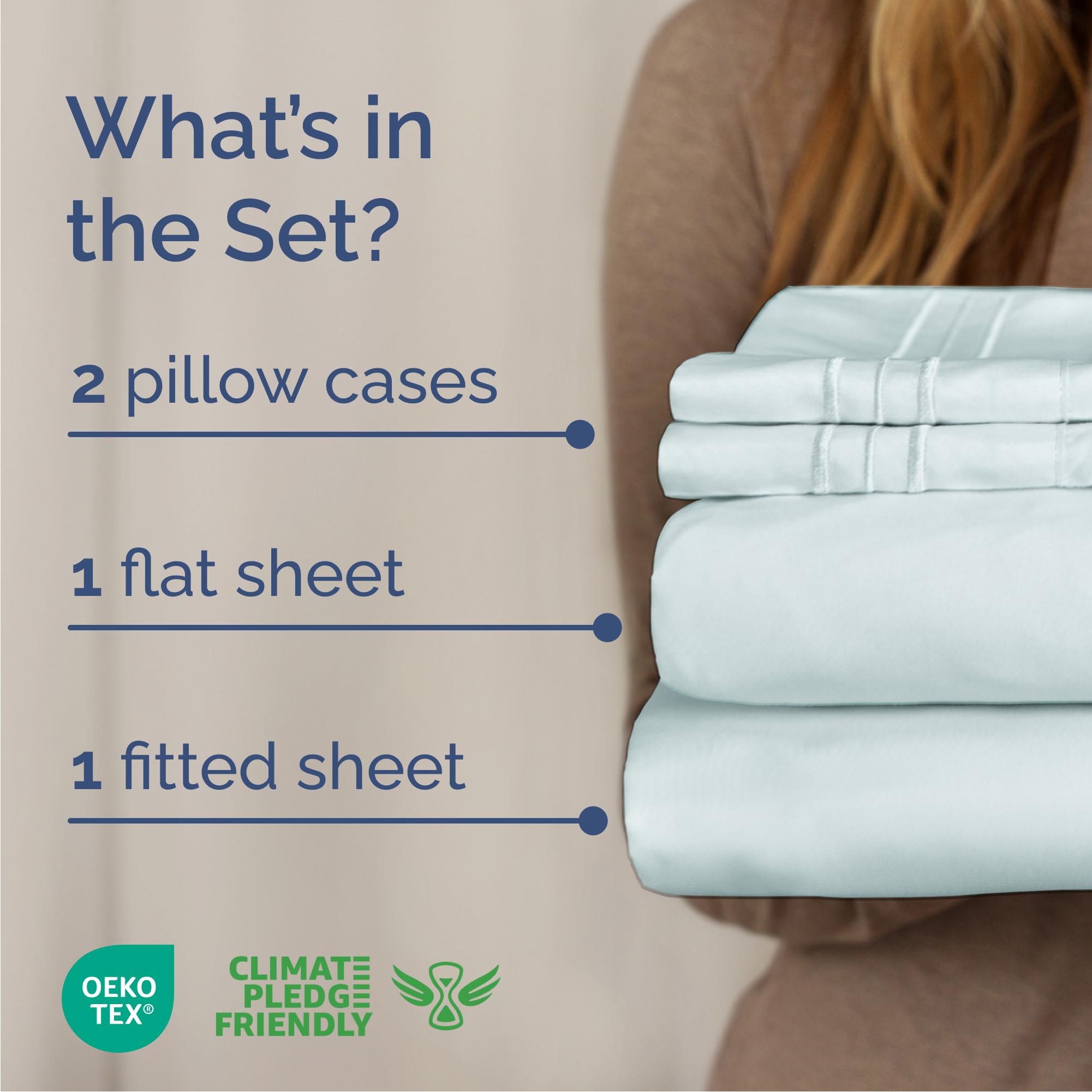 CGK Unlimited Cal King sheets on bed in ice blue showing color and fit