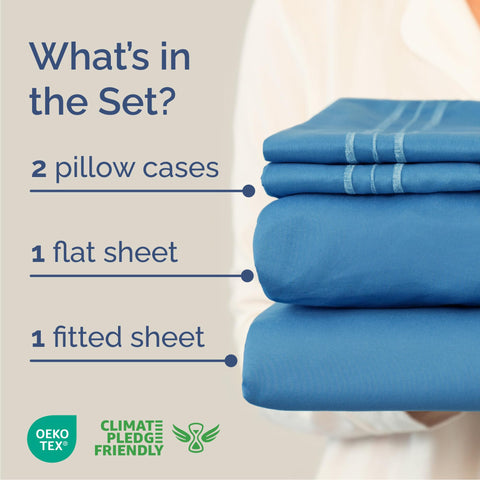 CGK Unlimited Cal King 4-Piece Sheet Set denim blue fitted sheet fits deep-pocket mattresses.