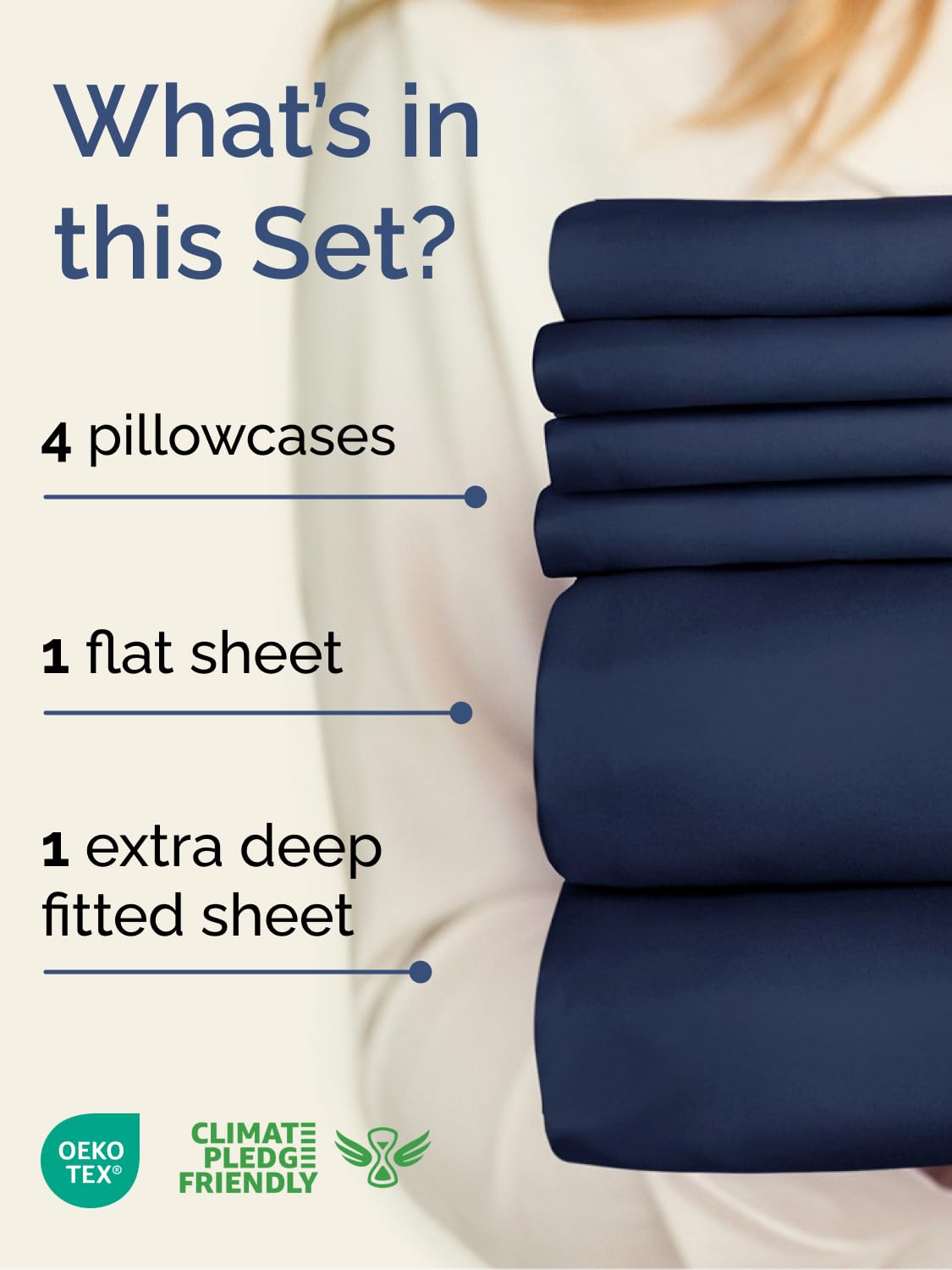CGK Unlimited navy Cal King flat sheet measures 117x102 for generous coverage.