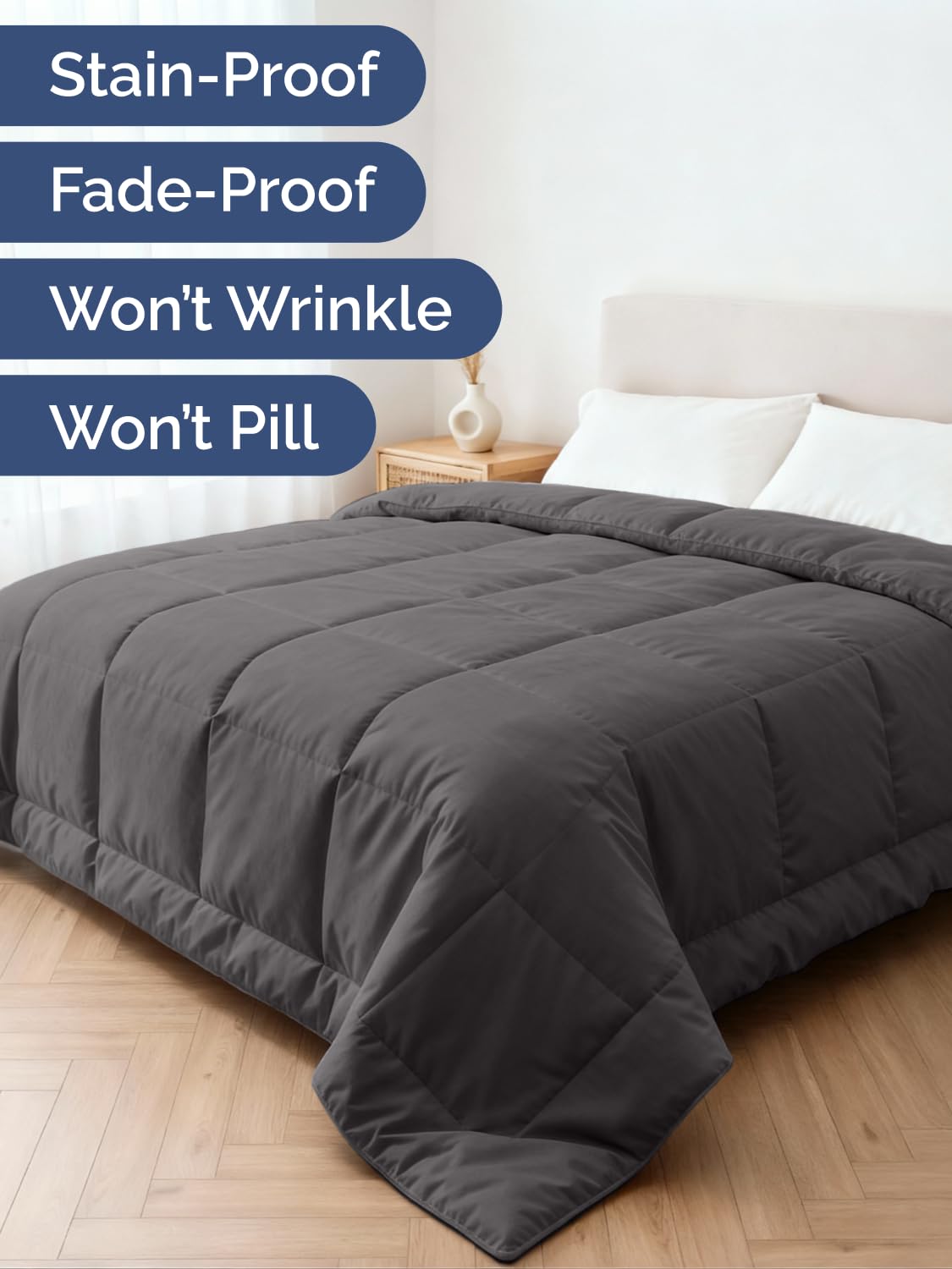 CGK Unlimited dark gray comforter in stylish bedroom setup
