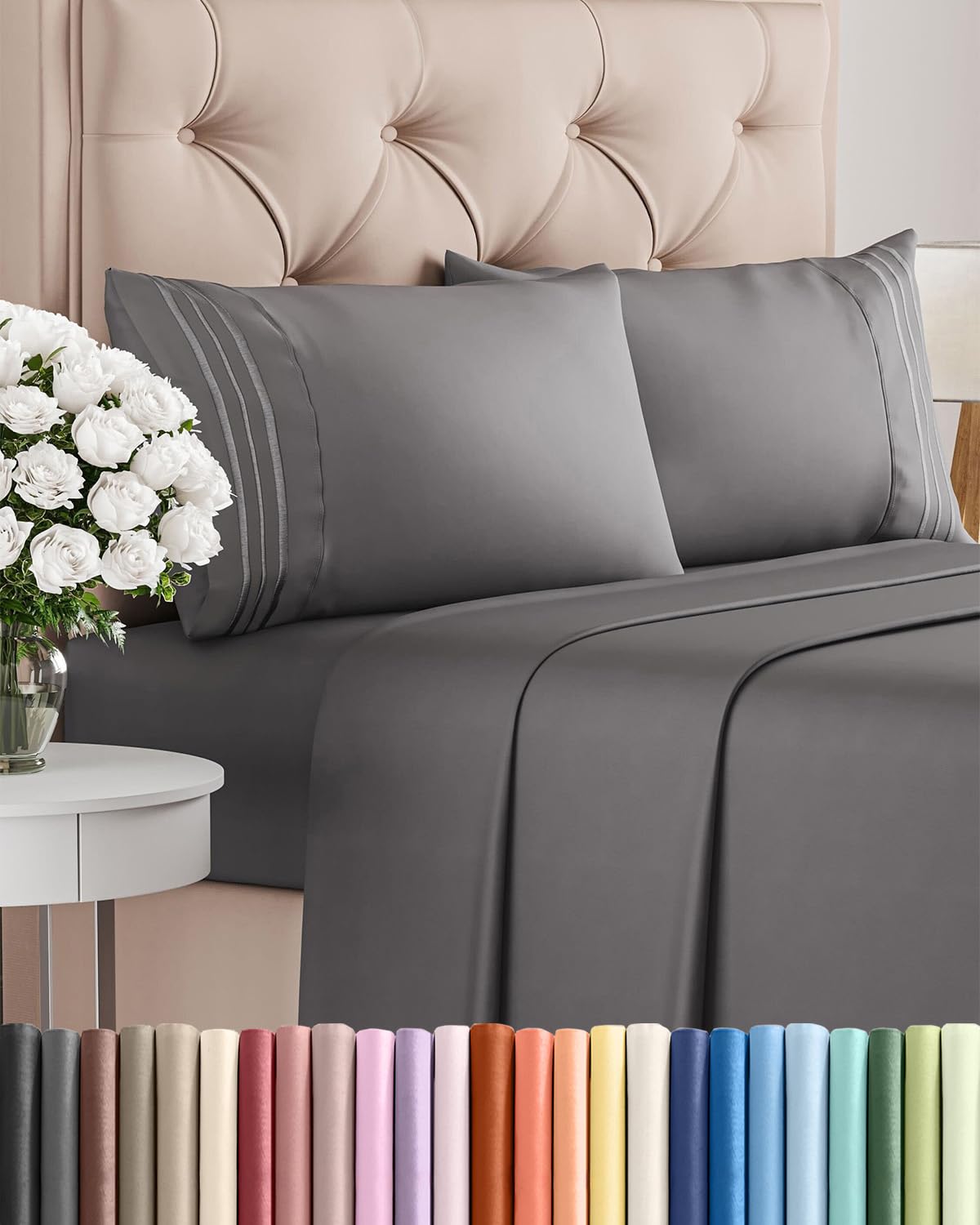CGK Unlimited dark grey 4-piece sheet set with pillow cases and deep-pocket fit
