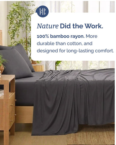 Dark grey CGK Unlimited sheets styled for hotel-like bedroom elegance