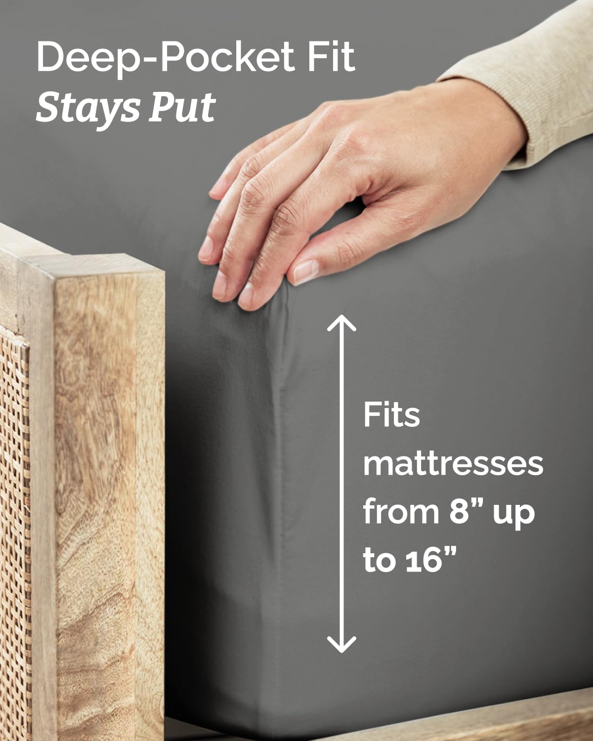 CGK Unlimited deep-pocket fit image highlights compatibility with tall mattresses.