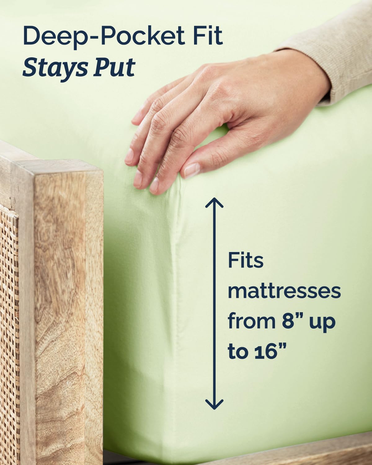 CGK Unlimited deep-pocket sheet close-up demonstrates secure fit for 16-inch mattresses.