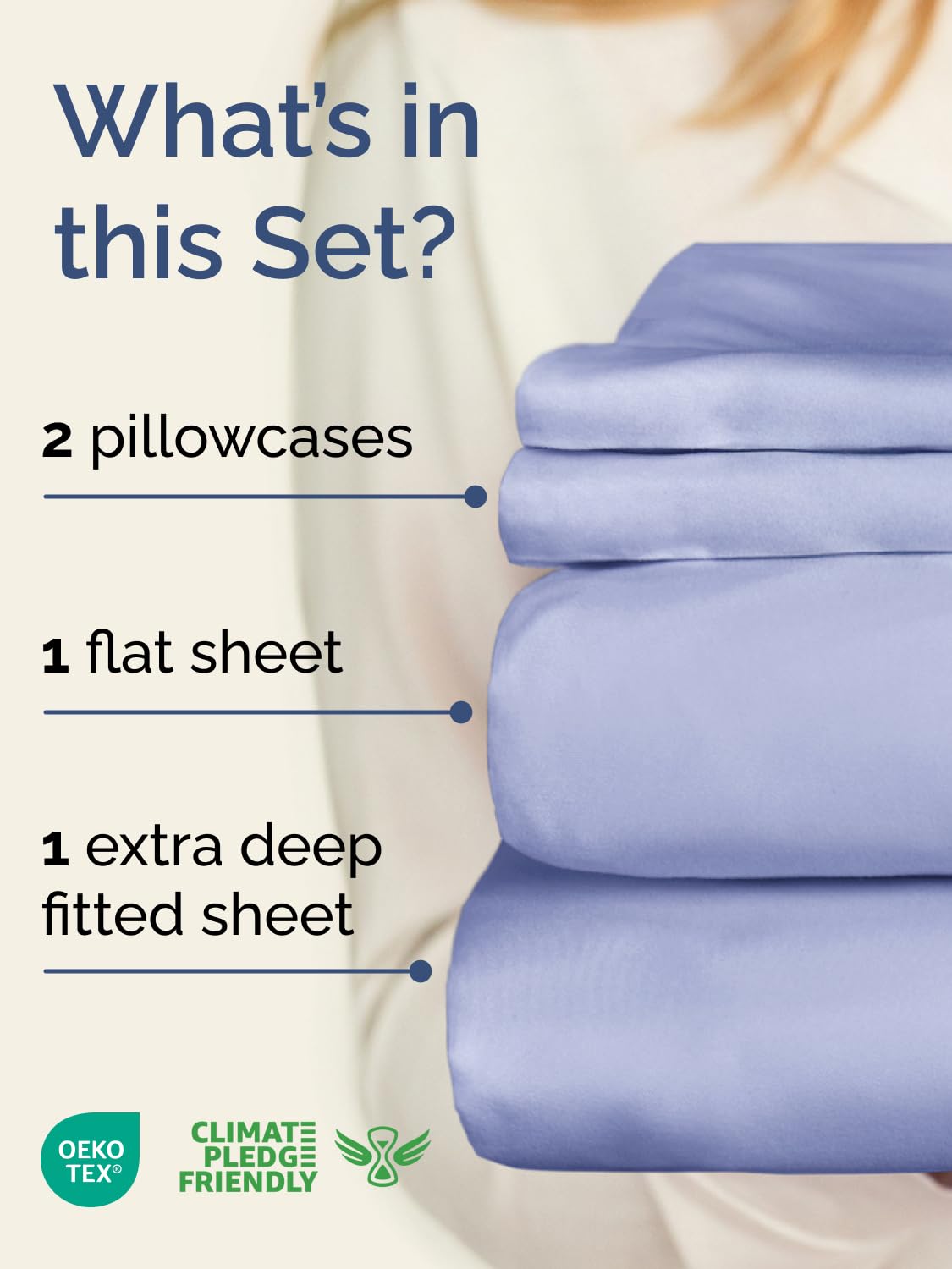 Deep-pocket fitted sheet with 21-inch pocket ensures thick mattress compatibility