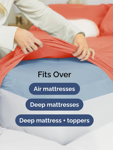 Deep-pocket queen sheets compatible with 18 to 24 inch mattresses.