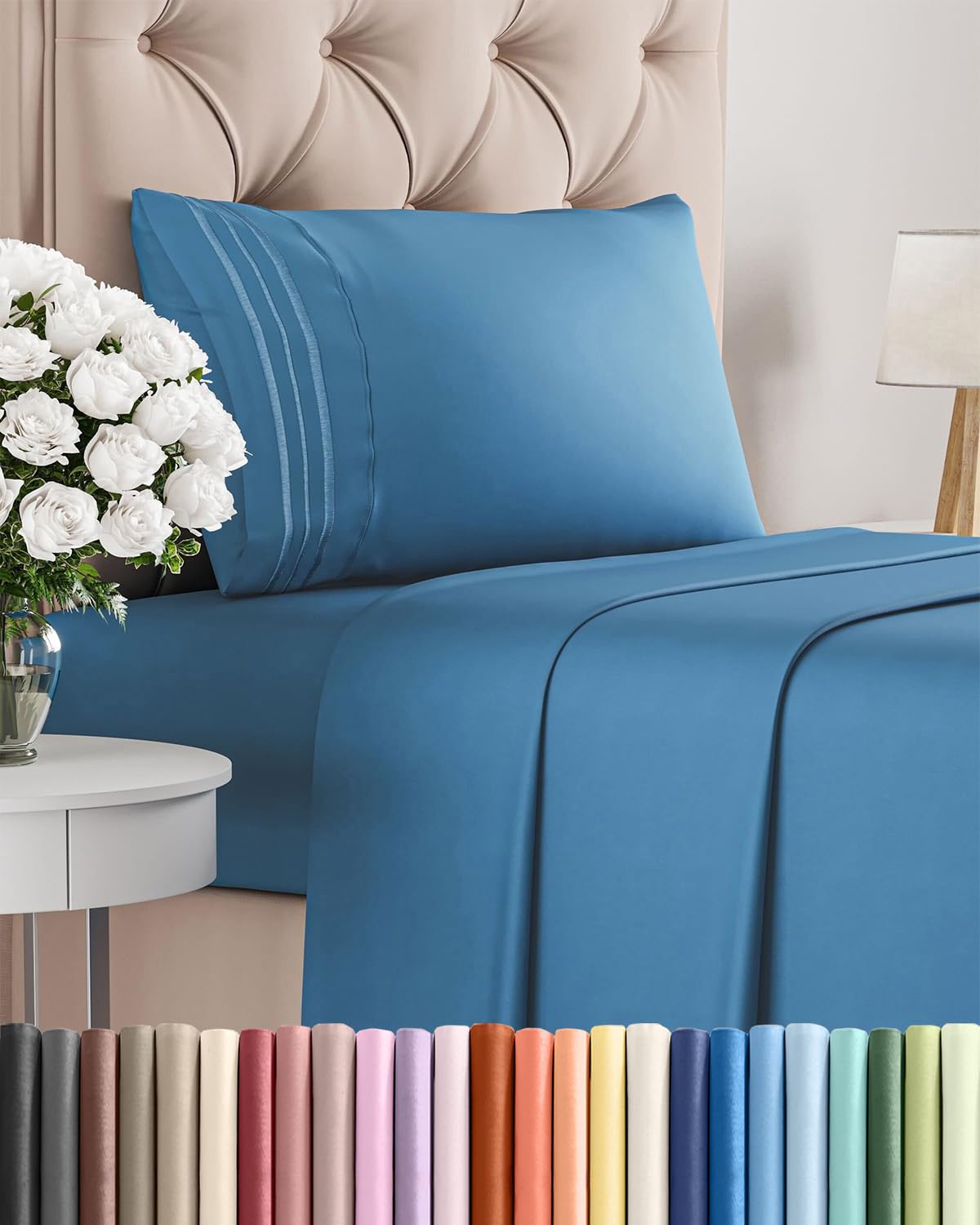 CGK Unlimited denim blue twin sheet set on bed for cool, breathable comfort.