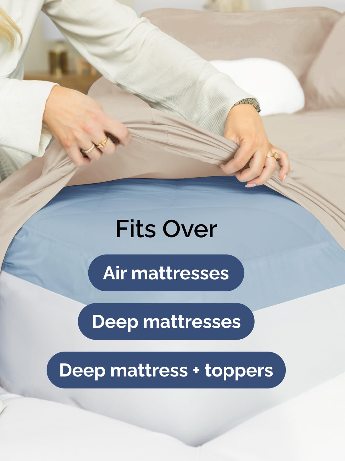 CGK Unlimited deep pockets resist slipping on toppers and thick Cal King beds.