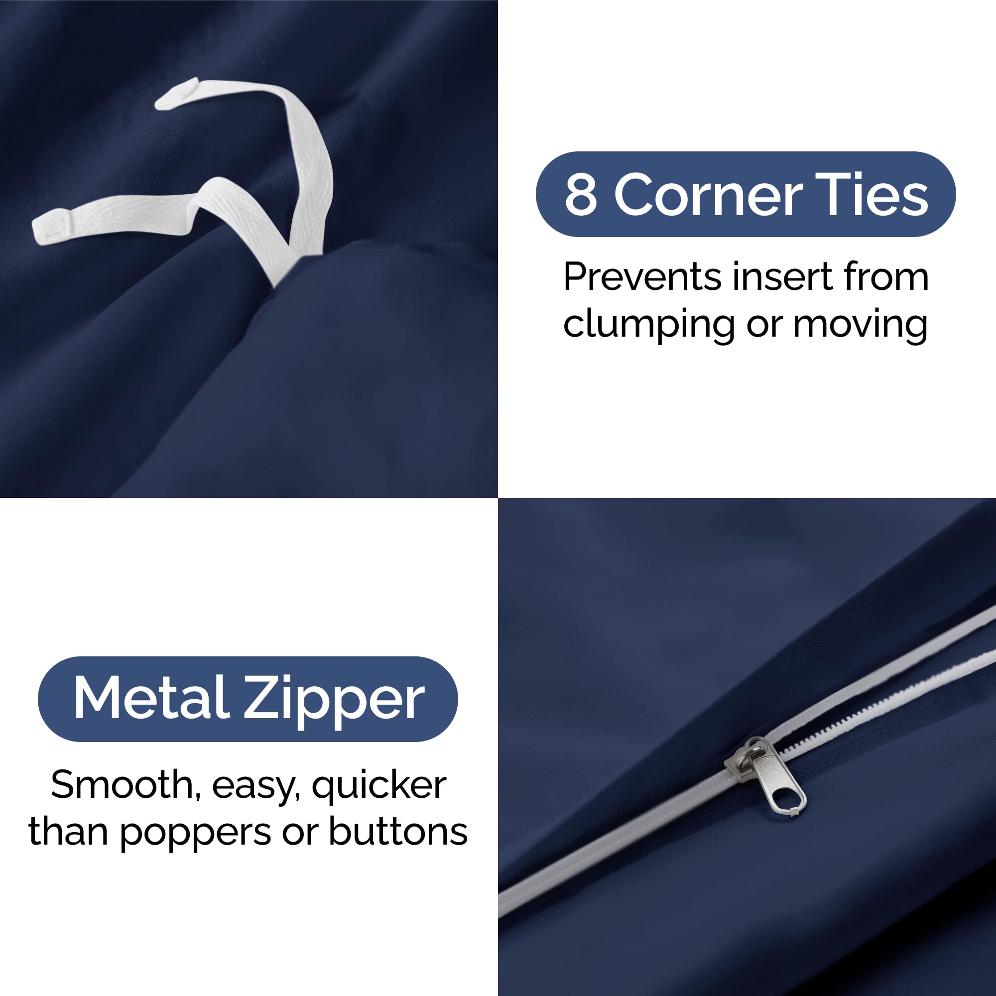 Fade free color on navy CGK Unlimited duvet cover resists dulling after washes