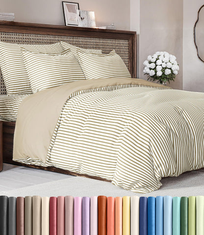 CGK Unlimited king duvet cover in beige stripes closeup showing ultra-soft texture