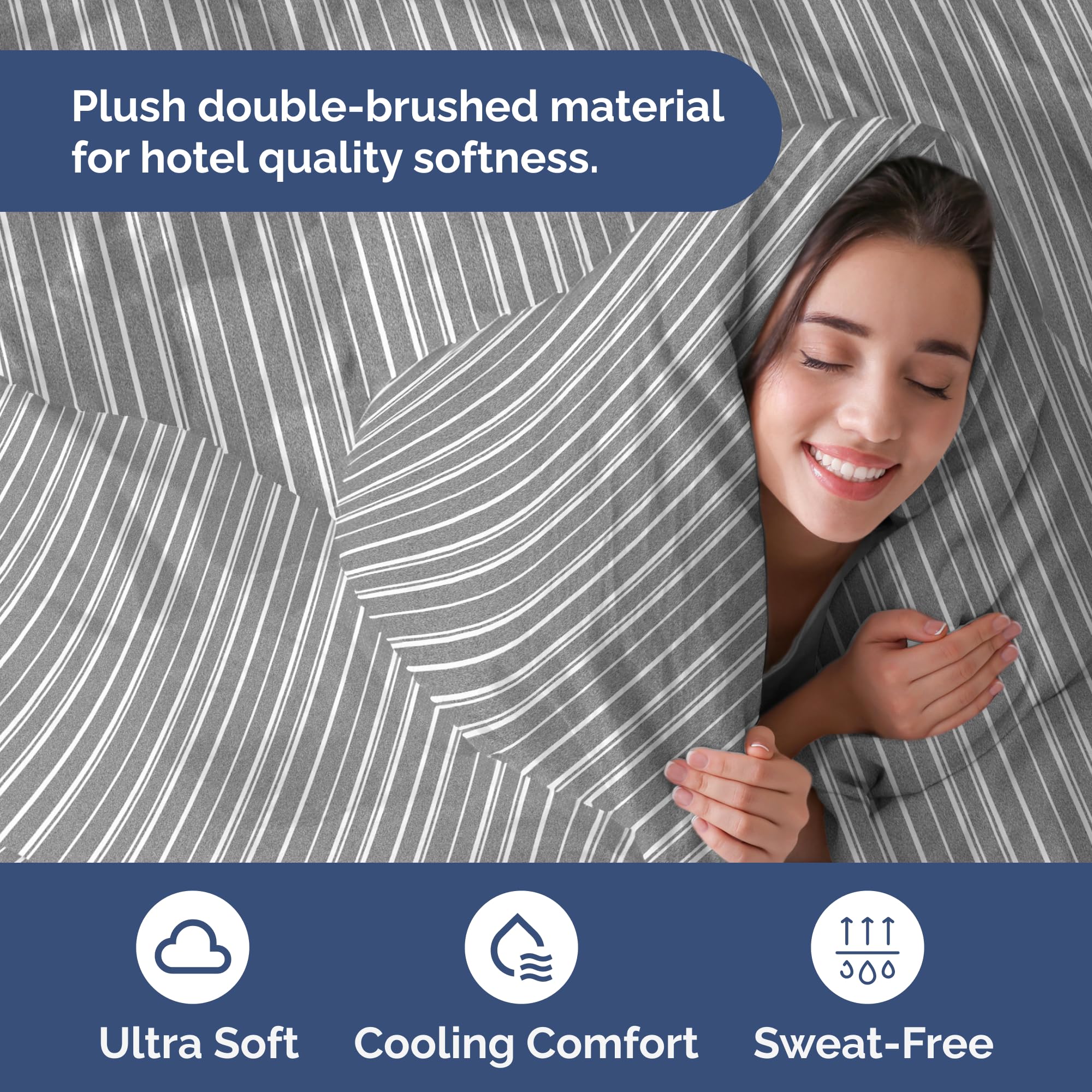 Duvet cover with two sham pillows in coordinated grey stripes