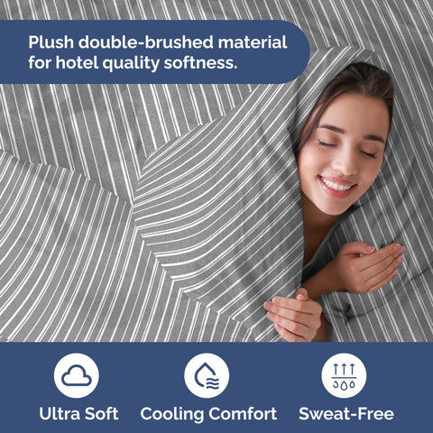 Duvet cover with two sham pillows in coordinated grey stripes
