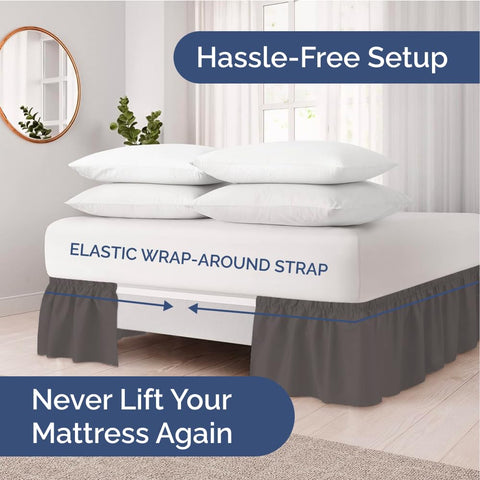 CGK Unlimited elastic wrap bed skirt for queen beds stays put to maintain a clean look.
