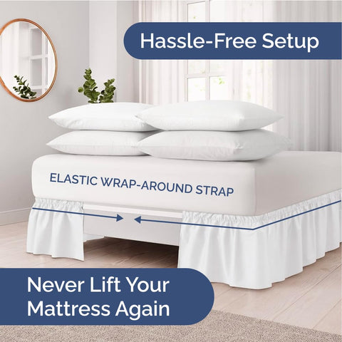 Elastic wrap keeps the bed skirt in place around a king bed