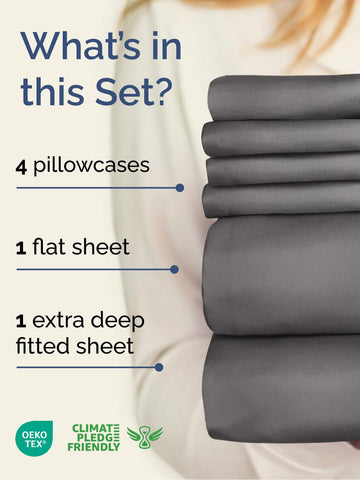 CGK Unlimited extra-deep cal king fitted sheet in gray with 21-inch pockets for secure fit.