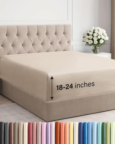 CGK Unlimited extra deep Cal King fitted sheet on bed secures thick mattresses.