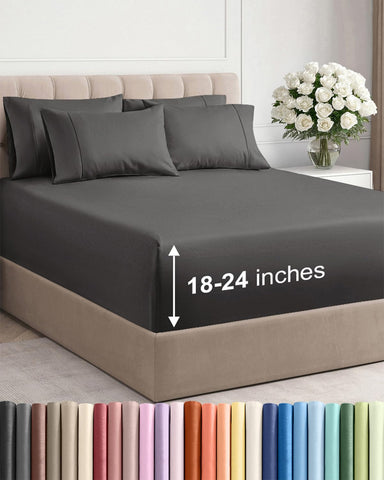 CGK Unlimited extra deep cal king sheet set on bed with a secure fit.