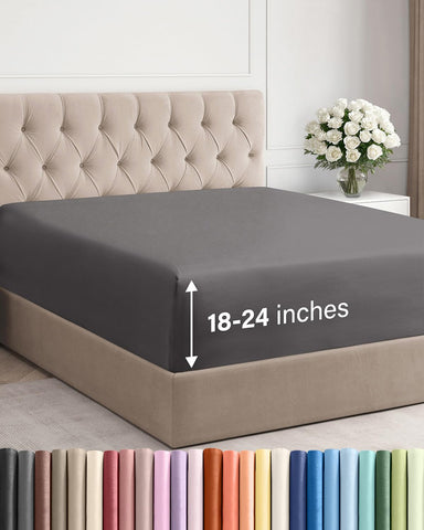 CGK Unlimited extra deep king fitted sheet in dark grey showing secure pocket fit for 18–24 inch mattresses.