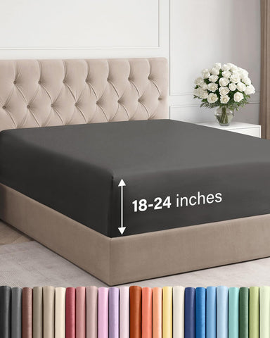 CGK Unlimited extra-deep king fitted sheet closeup showing deep pocket fits thick mattresses.