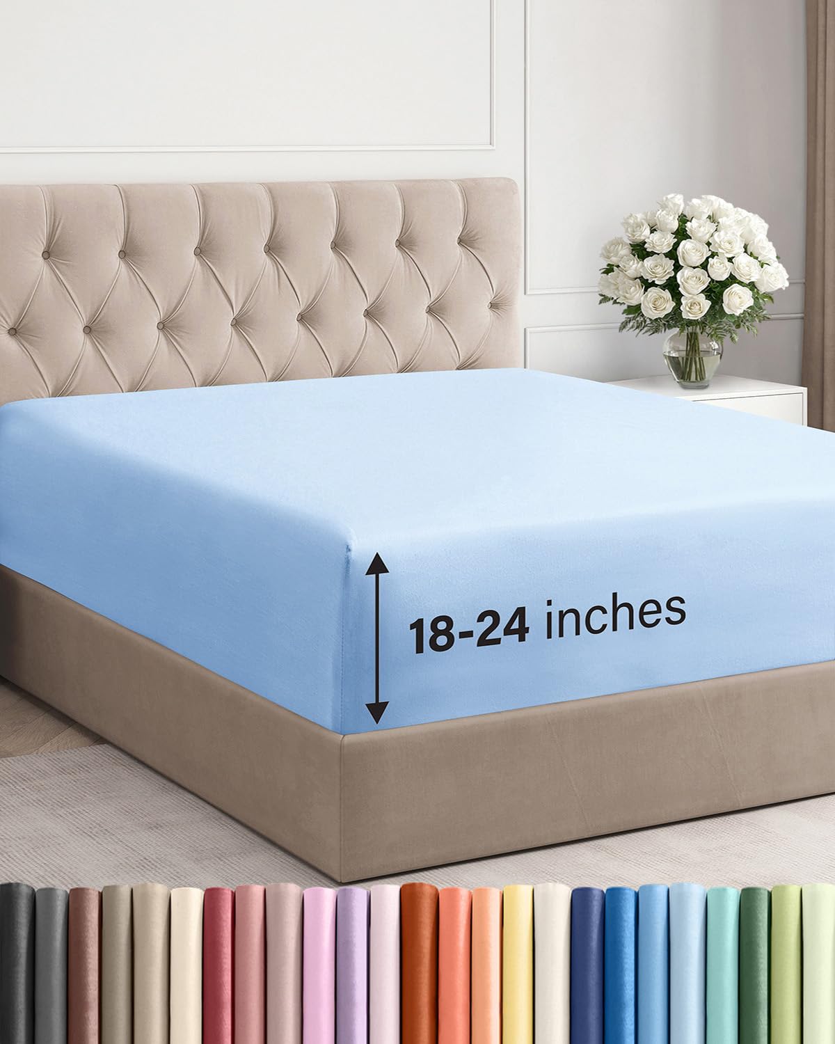 CGK Unlimited extra-deep king fitted sheet on bed shows secure fit and smooth light blue finish.