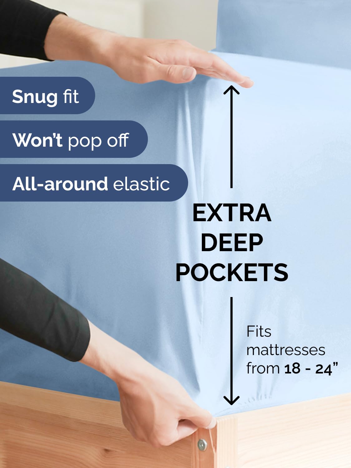 CGK Unlimited extra-deep king fitted sheet with 18-24 inch pockets demonstrates easy topper compatibility.