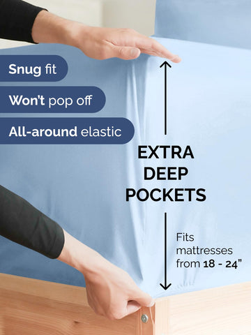 CGK Unlimited extra-deep king fitted sheet with 18-24 inch pockets demonstrates easy topper compatibility.
