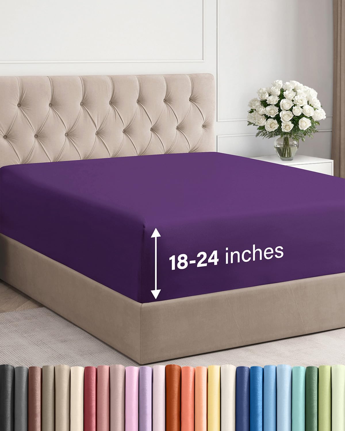 CGK Unlimited extra deep king fitted sheet on bed shows purple color, secure fit.